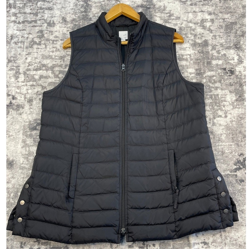 J Jill Puffer Vest Womens Large Petite Black Quilted Zip Up Long Side Snap Vents